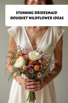 Stunning Bridesmaid Bouquet Wildflower Ideas Mismatched Bridesmaid Bouquets, Bouquet Wildflower, Wildflower Wedding Bouquet, Bridesmaid Bouquet White, Matching Bridesmaids, Unique Floral Arrangements, Orange Bridesmaid Dresses, Bridal Tips, Fall Bridesmaid Dresses