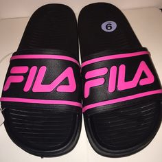 Brand New With Tags Size 9 Womens Mens 8 Sleek Slide Pink Logo Fila See All Photos For These Are The Shoes You Will Receive! Pink Open Toe Slides With Rubber Sole, Pink Flat Slides With Rubber Sole, Pink Slip-on Slides With Rubber Sole, Pink Synthetic Slides With Rubber Sole, Trendy Pink Sandals With Rubber Sole, Pink Slip-on Flip Flops, Pink Casual Slip-on Flip Flops, Pink Slides With Cushioned Footbed And Round Toe, Pink Cushioned Slides With Round Toe