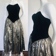 Stunning original 1980s dress I cannot get zipper up my stiff model it is NOT broken  Label: Peche  Top half velvet  Bodice is boned Bottom half metallic animal print silver Size, approximately uk size 6 please go by measurements (old size 10) Bust 16 inches flat underarm to underarm  Waist 13 inches flat  Top of bust to hem 43 inches  In great condition no holes stains tears Thank you RetroRoomVintage x Evening Dresses Uk, 1980's Fashion, 1960's Dress, 1980s Dresses, 1980s Fashion, Fabulous Dresses, Dresses Uk, Hallows Eve, 80s Fashion