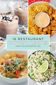 the collage shows different types of food and drinks with text overlay that reads 16 restaurant copycat recipes