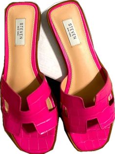 Chic Pink Sandals With Cushioned Footbed, Chic Pink Slip-on Sandals, Pink Open Heel Sandals For Vacation, Pink Flat Heels For Vacation, Pink Slip-on Heels For Vacation, Pink Sandals With Cushioned Footbed, Pink Open Heel Sandals With Cushioned Footbed, Pink Steven, Steve Madden Shoes