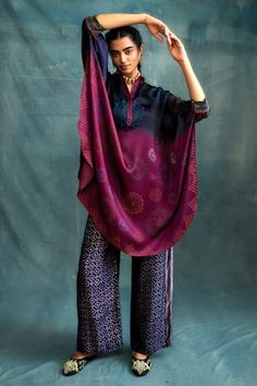 Blue and magenta kaftan with bandhej block print. - Aza Fashions Bandhej Print, Kaftan Women, Blue And Magenta, Mandarin Collar, Aza Fashion, Three Quarter, Block Print, Krishna, Collar