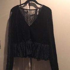 Beautiful Black Lace And Velvet Blouse From Free People Flirty V-neck Evening Top, Flirty Black Top For Fall, Sheer V-neck Top For Date Night, Flirty Sheer Top For Night Out, Flirty Black Top For Going Out, Edgy Stretch Blouse For Night Out, Flirty Black Top For Date Night, Edgy Black Party Blouse, Flirty Black Blouse For Date Night