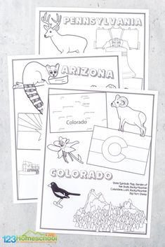 three coloring pages with the words arizona and an image of a bird on top of them