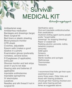 Survival Medical Kit, Bug Out Bag List Emergency Preparedness, Survival Printables, Emergency Pantry, Bug Out Bag List, Harvest Meals, Survival Prep, Diy First Aid Kit