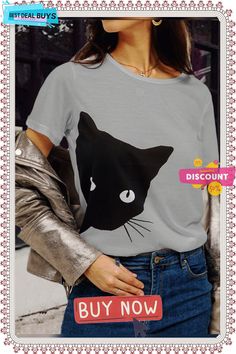 Round Neck Casual Floral-print Animal Shirts & Tops Print Graphic, Animal Shirts, Printed Sleeves, Cat Print, Casual Top, Pop Fashion, Casual T Shirts, Shirt Online, Fashion Prints