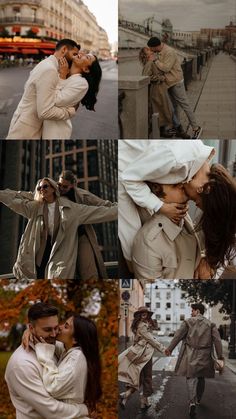 two people are kissing in the street and one is wearing a trench coat, while the other has a white shirt