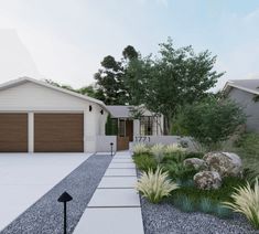 a house with landscaping in front of it and a driveway leading up to the garage