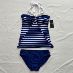 Polo Ralph Lauren Women’s Swimwear 2pc Set New With Tags Color: Navy/White Bathing Suits For Italy, Swimwear 1 Piece, Swimming Clothes For Women, Swimsuits Tankini, Vintage Tankini, Swimsuits Cute, Tankini Swimsuit, Blue And White Bathing Suit, Navy Blue Bathing Suit