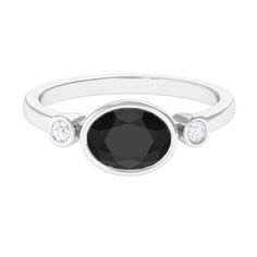 Oval Cut Solitaire Black Spinel East West Ring with Diamond Black Spinel - ( AAA ) - Quality - Rosec Jewels East West Ring, Black Spinel Ring, Oval Setting, Spinel Ring, Spinel Gemstone, Ring With Diamond, 18k Yellow Gold Ring, Black Spinel, East West