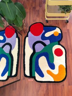 two colorful rugs sitting on top of a wooden floor next to a potted plant