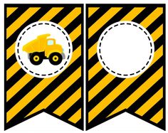 a yellow and black striped banner with a construction truck on it's side, next to a white circle