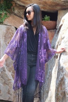 Purple Sequin Floral Embroidered Kimono Duster Top – Moddy Vintage Cute Hipster Outfits, Paisley Kimono, Flower Kimono, Sequin Kimono, Duster Kimono, Embroidered Kimono, Blue Kimono, Sequin Cardigan, Kimono Duster