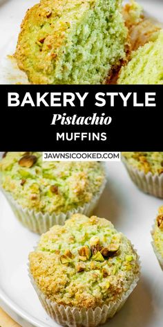 some cupcakes are on a plate with the words bakery style pistachio muffins