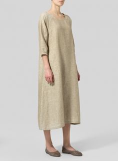 Linen Elbow Sleeve Long Dress - Plus Size Elegant Linen A-line Maxi Dress, Classic Solid Color Maxi Dress, Elegant Beige Midi Dress For Daywear, Elegant Beige Linen Workwear Dress, Classic Beige Dresses For Daywear, Elegant Linen Day Dress, Elegant Linen Midi Dress With V-neck, Elegant V-neck Linen Midi Dress, Classic Beige Linen Midi Dress