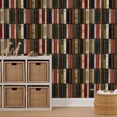 a room with bookshelves and baskets in front of the bookcase wallpaper