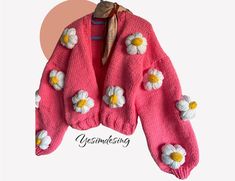 Our floral chunky cardigan is completely handmade. Knitted from soft yarn. Our wool does not contain allergens. Fits s m sizes. Its color is pink and its flowers are white. Please contact for special sizes.  - PACKAGING - Hand-made accessories suitable for the model are sent free of charge to our valued customers. The products are packaged and sent to you without any damage. I make gift packages upon your request. If you want a private note, I write. - WASHING AND STORAGE - Wash at a maximum of Handmade Acrylic Cardigan For Spring, Spring Chunky Knit Acrylic Sweater Coat, Spring Hand Knitted Acrylic Cardigan, Cozy Hand Knitted Sweater Coat For Spring, Cherry Sweater, Thick Knit Cardigan, Knit Clothing, Thick Cardigan, Gift Packages