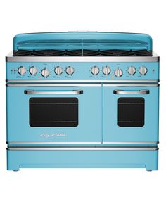 a blue stove top oven with two burners on each side and one door open