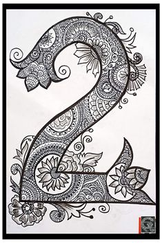 the letter s is made up of paisley patterns and flowers on white paper with purple border