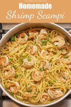 shrimp scampi pasta in a skillet with parsley on top