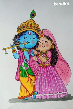 a drawing of two people dressed as hindu deities, one holding a flute and the other kissing