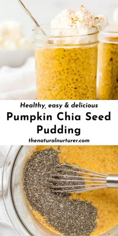 pumpkin chia seed pudding in a glass bowl with a whisk and spoon