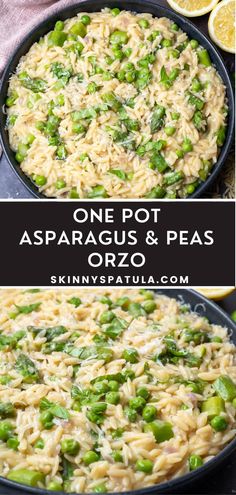 one pot asparagus and pea pasta in a skillet with lemons on the side