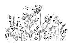 black and white drawing of flowers with butterflies