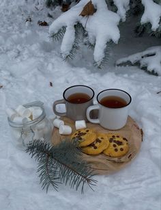 two mugs of tea, cookies and marshmallows on a table in the snow