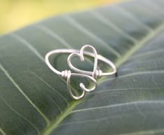 a heart shaped ring sitting on top of a leaf