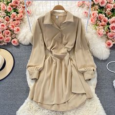 Cute A line long sleeve shirt dressFabric: blendedColor: khaki, coffee, blackSize(cm): free sizelength 80 bust 90 waist 60-8870 Trendy Long Sleeve Brown Dress, Elegant Beige Collared Mini Dress, Brown Long Sleeve Shirt Dress For Work, Chic Long Sleeve Solid Color Mini Dress, Casual Beige Long Sleeve Mini Dress, Casual Long Sleeve Brown Mini Dress, Trendy Long Sleeve Shirt Dress For Fall, Chic Beige Shirt Dress For Fall, Brown Long Sleeve Shirt Dress For Fall