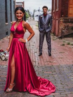 Elegant V-neck Gown For Homecoming, Fitted V-neck Gown For Prom Season, V-neck Gown For Prom, Fitted Bodice V-neck Prom Gown, V-neck Gown With Fitted Bodice For Prom, V-neck Satin Gown For Prom, Satin V-neck Gown For Prom, Fitted V-neck Floor-length Dress For Prom, Fitted Floor-length V-neck Dress For Prom Season