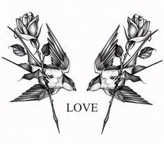 two birds sitting on top of flowers with the word love written below them in black ink