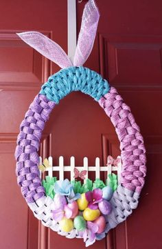 Easter Yarn Wreath, Dollar Tree Easter Wreath Diy, Easter Egg Wreath Dollar Tree, Deco Mesh Cross, Bunny Wreath Diy, Easter Wreath Ideas, Easter Crafts Dollar Store, Mesh Cross, Cross Ideas