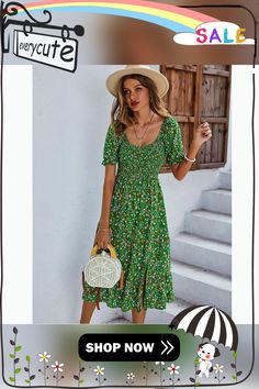 Green Square Neck Smocked Split Floral Dress Green Bohemian Smocked Dress For Spring, Casual Fitted Midi Dress With Smocked Cuffs, Bohemian Smocked Knee-length Summer Dress, Green Bohemian Midi Dress With Smocked Bodice, Bohemian Knee-length Smocked Summer Dress, Bohemian Knee-length Smocked Dress For Summer, Green Smocked Dress With Short Sleeves, Green Smocked Midi Dress For Summer, Spring Non-stretch Smocked Back Dress