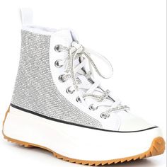 Glitter White Converse, Steven Madden Rhinestone Boots, Platform Converse Glitter, Outfits With Platform Sneakers, High Top Sneakers Outfit, Rhinestone Converse, Converse Platform, Wedge Heel Sneakers, Fashion Shoes Boots