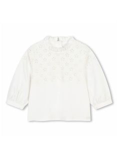 white organic cotton embroidered design embroidered logo to the side crew neck ruffle collar long sleeves press-stud fastening to the rear straight hem White Cotton Tops With Broderie Anglaise, Fall Cotton Blouse With Broderie Anglaise, Spring Cotton Sweatshirt With Ruffles, Spring Cotton Ruffle Sweatshirt, Spring Cotton Ruffled Sweatshirt, Cotton Tops With Ruffled Collar For Fall, Fall Cotton Tops With Ruffled Collar, Casual Broderie Anglaise Top For Fall, Fall Casual Broderie Anglaise Top