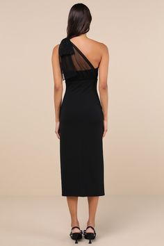 Your aura will be all grace and style in the Lulus Elegant Indication Black Mesh Pearl One-Shoulder Midi Dress! Sheer mesh, with luminous black pearl-inspired accents throughout, shapes a wide, tying shoulder strap that overlays across a techno crepe-knit bodice with bust darts, hidden no-slip strips, and a high, empire waist. Bodycon skirt continues down to a midi hem with a flirty side slit. Hidden zipper/clasp at side. Fit: This garment fits true to size. Length: Mid-calf length. Size medium Mesh Midi Dress, One Shoulder Midi Dress, Adhesive Bra, Bodycon Skirt, Dress With Tie, Body Con Skirt, Strapless Bra, Black Pearl, Black Mesh