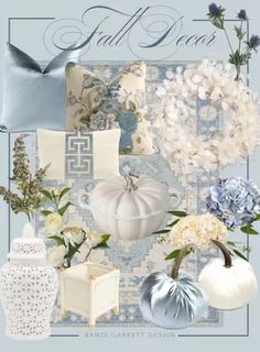 a blue and white collage with flowers, vases, pillows and other items