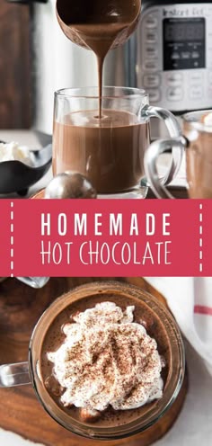 homemade hot chocolate is being poured into a cup