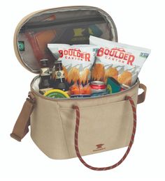 the cooler bag is filled with snacks and condiments to keep it cool while traveling