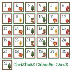 christmas calendar cards with numbers and ornaments