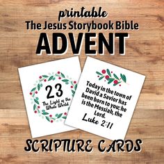 two cards with the bible's story about jesus and his birth, on top of a