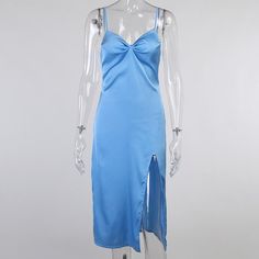 Dubai Dress Blue V-neck Maxi Dress For Night Out, Fitted Light Blue Satin Midi Dress, Fitted Light Blue Midi Mini Dress, Light Blue Fitted Midi Mini Dress, Blue Satin V-neck Dress For Party, Chic Blue V-neck Midi Dress, Blue Satin Knee-length Dress, Formal Mini-length Slip Dress, V-neck Sundress For Cocktail