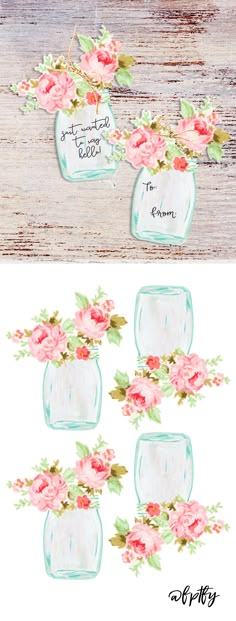 watercolor flowers in mason jars with labels on them