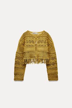 FRINGED MACRAMÉ SHORT JACKET Spring Fringe Long Sleeve Cardigan, Spring Long Sleeve Fringe Cardigan, Chic Long Sleeve Fringe Cardigan, Spring Crew Neck Outerwear For Layering, Zara Fall Crew Neck Outerwear, Summer Long Sleeve Outerwear With Fringe, Chic Long Sleeve Fringe Tops, Spring Fringe Long Sleeve Sweater, Chic Long Sleeve Tops With Fringe