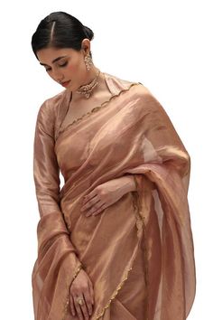 Pale rose gold woven tissue silk saree with sequin embroidered scallop border. Comes along with a running blouse piece. - Aza Fashions Dhoti Saree, Cotton Sarees Handloom, Tissue Silk Saree, Scallop Border, Ruffle Saree, Embroidered Saree, Lehenga Saree, Blouse For Women, Fashion App