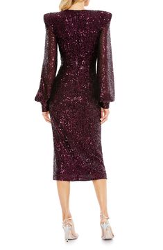 Glistening sequins enliven a scene-stealing midi dress framed by pronounced shoulders with long blouson sleeves. 48 1/2" length Deep V-neck Long sleeves Lined 100% polyester Spot clean Imported Asian Owned/Founded Evening Midi Dress With Blouson Sleeves For Fall, Fall Evening Midi Dress With Blouson Sleeves, Long Sleeve Midi Dress For Gala And Holiday, Fall Gala Sequin Midi Dress, Holiday Long Sleeve Midi Dress For Gala, Long Sleeve Sequined Midi Evening Dress, Evening Long Sleeve Sequin Midi Dress, Long Sleeve Sequin Midi Dress For Evening, Formal Long Sleeve Sequined Midi Dress