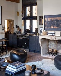 a living room filled with furniture and a fire place in the middle of a room