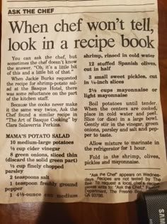 an old newspaper with the words when chef won't tell, look in a recipe book